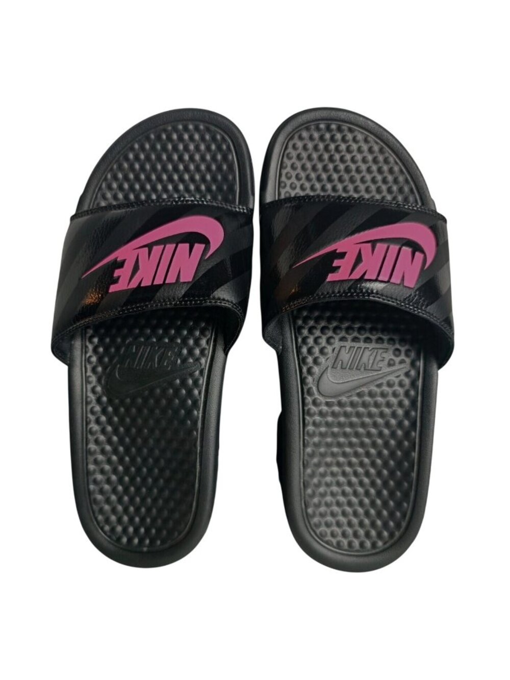 Nike Womens 7 Slides Benassi Black Pink Swoosh Sandals Slip On Comfort Casual